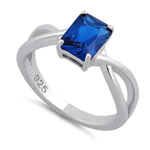 Rings For Home Events-Sterling Silver Twist Emerald Cut Blue Spinel CZ Ring