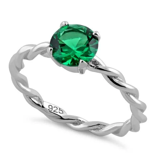 Rings For Huge Nights-Sterling Silver Emerald Twisted Band CZ Ring