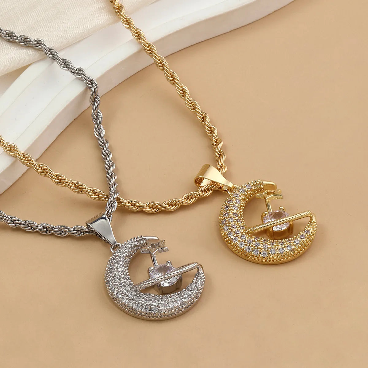 Necklaces With Deep Tones-Stainless Steel 18K Gold Plated Elegant Simple Style Commute Star Moon Polishing Inlay Zircon Pendant Necklace