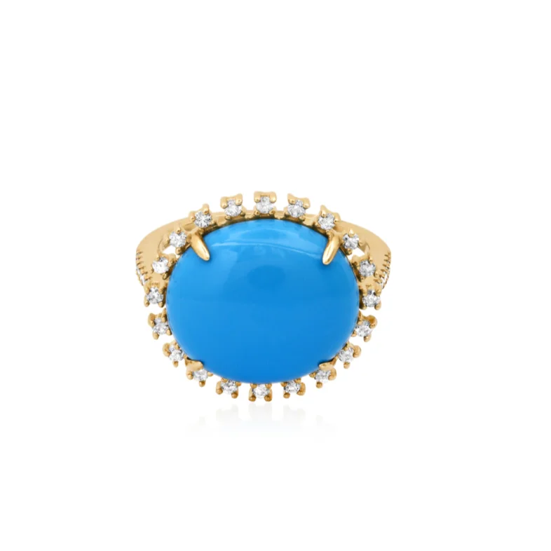 Rings With Satin Look-Turquoise Lover Cabochon & Diamond Frame Ring