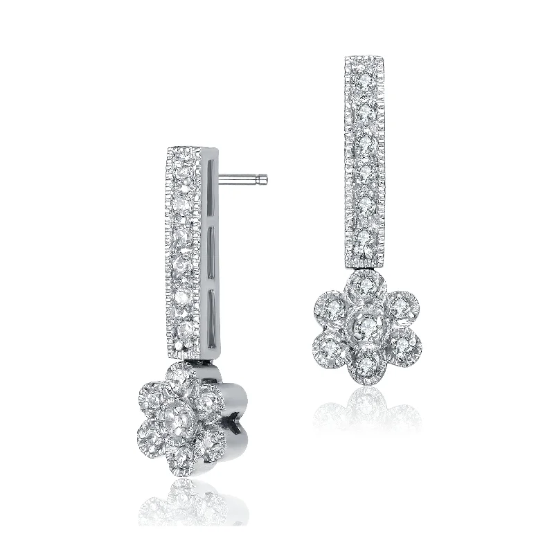 Earrings For Bright Days-Sterling Silver Rhodium-Plated Cubic Zirconia Flower Drop Earrings