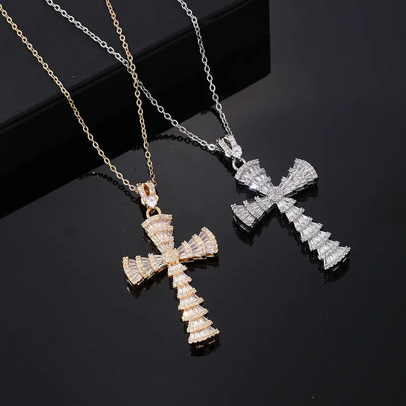 Necklaces For Small Days-Hip-Hop Vintage Style Simple Style Cross Copper Plating Inlay Zircon K Gold Plated Rhodium Plated Men'S Pendant Necklace