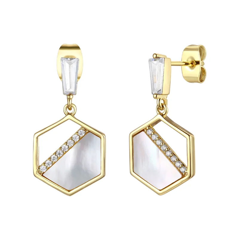 Earrings Fade Guide-14k Gold Plated Sterling Silver with Mother of Pearl & Cubic Zirconia Hexagon Dangle Earrings