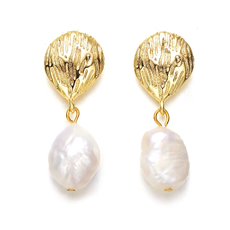 Best Swift Earrings-14k Yellow Gold Plated with Baroque Oval Genuine Freshwater White Pearl Coral Reef Dangle Earrings in Sterling Silver