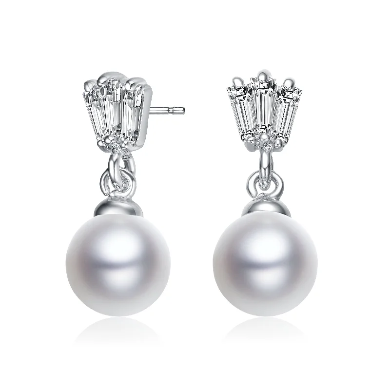 Chunky Earrings For Drama-Sterling Silver with Rhodium Plated White Round Freshwater Pearl with Clear Baguette Cubic Zirconia Drop Earrings