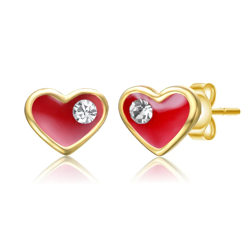 Earrings Plating Types-14k Gold Plated Clear Cubic Zirconia & Red Enamel Heart Stud Earrings