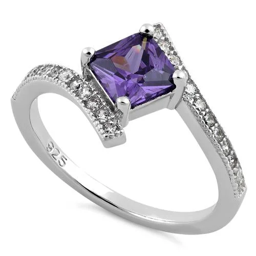 Rings With Thick Settings-Sterling Silver Elegant Princess Cut Amethyst CZ Ring