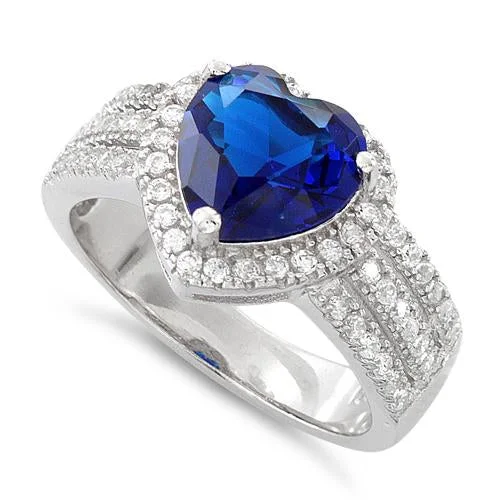 Rings Fade Resistance-Sterling Silver Blue Sapphire Heart CZ Ring