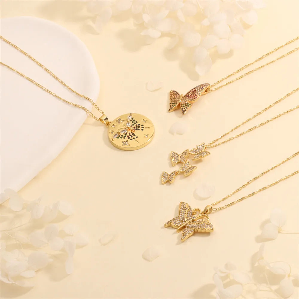 Necklaces With Glass Beads-Copper 18K Gold Plated Plating Inlay Butterfly Zircon Pendant Necklace