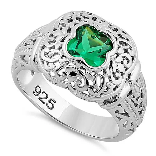 Rings With Pastel Shades-Sterling Silver Quatrefoil Emerald CZ Ring