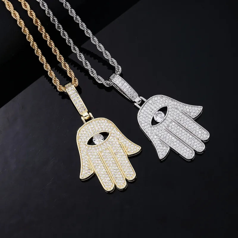 Necklaces For Gown Style-Retro Vintage Style Palm  Eye Stainless Steel Copper Plating Chain Inlay Zircon Men'S Necklace Pendant