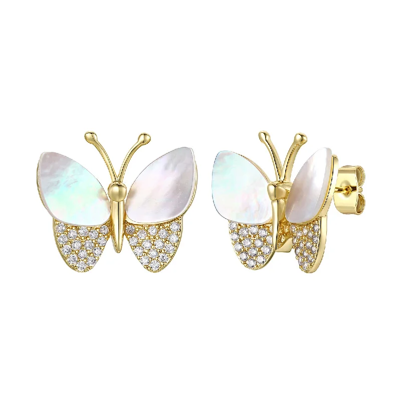 Earrings For Lone Wear-Sterling Silver Large 14k Gold Plated with Mother of Pearl & Cubic Zirconia Butterfly Stud Earrings