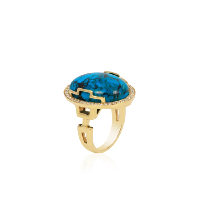 Rings For Mid-Finger-Rock N Roll Oval Turquoise Cabochon Statement Ring with Diamonds