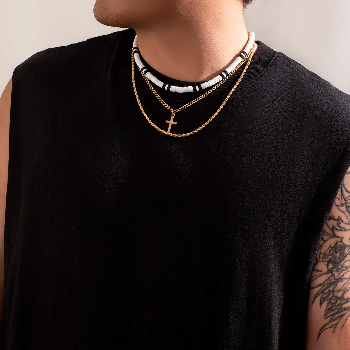 Necklaces For Bold Earrings-Simple Style Classic Style Cross Alloy Soft Clay Beaded Plating Men'S Layered Necklaces