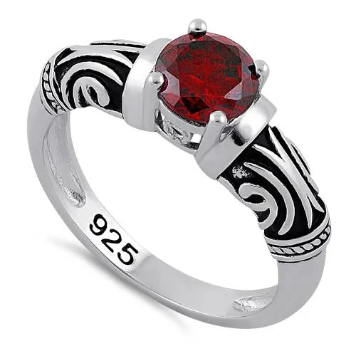 Rings With Shell Settings-Sterling Silver Tribal Round Cut Garnet CZ Ring