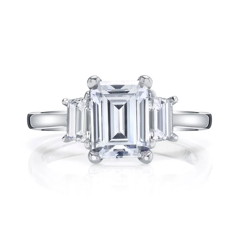 Rings For Sleek Trends-Three Stone Ring Setting with Trapezoid Side Diamonds