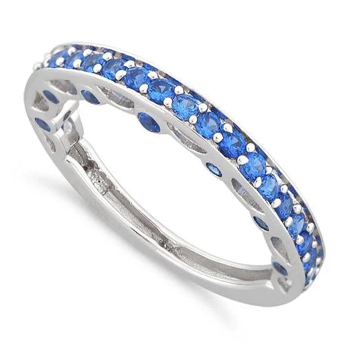 Rings With Wave Patterns-Sterling Silver Half Eternity Blue Sapphire CZ Ring