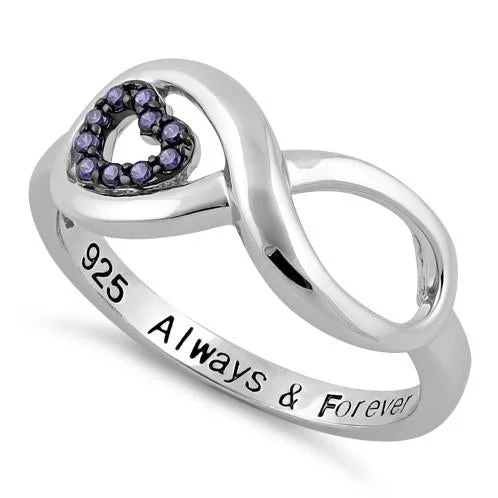 Rings Cost Savings-Sterling Silver Infinity Amethyst Heart "Always & Forever" Engraved CZ Ring