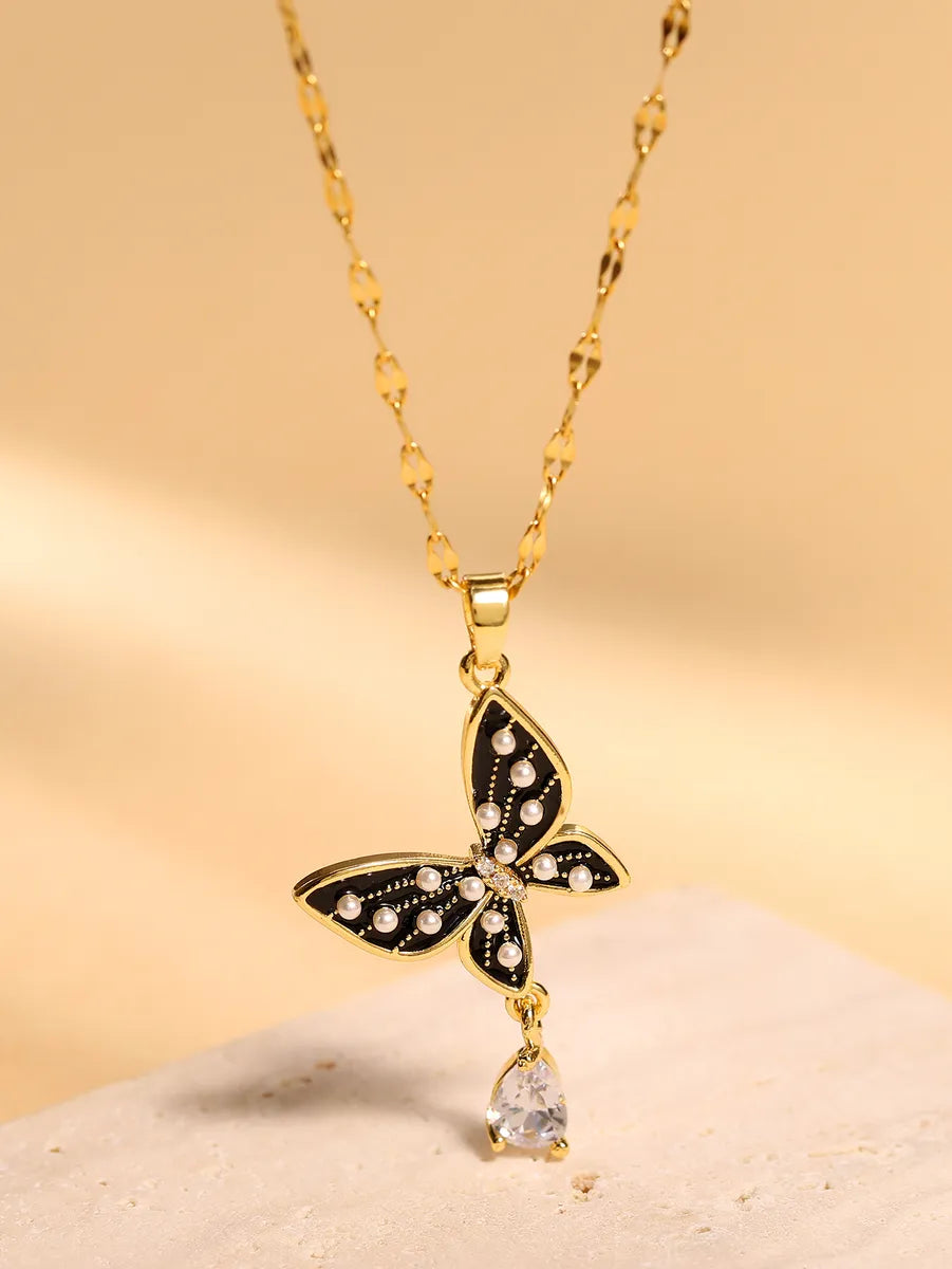 Necklaces For Thin Use-Elegant Glam Butterfly Stainless Steel Enamel Plating Inlay Artificial Pearls Zircon 18k Gold Plated Pendant Necklace