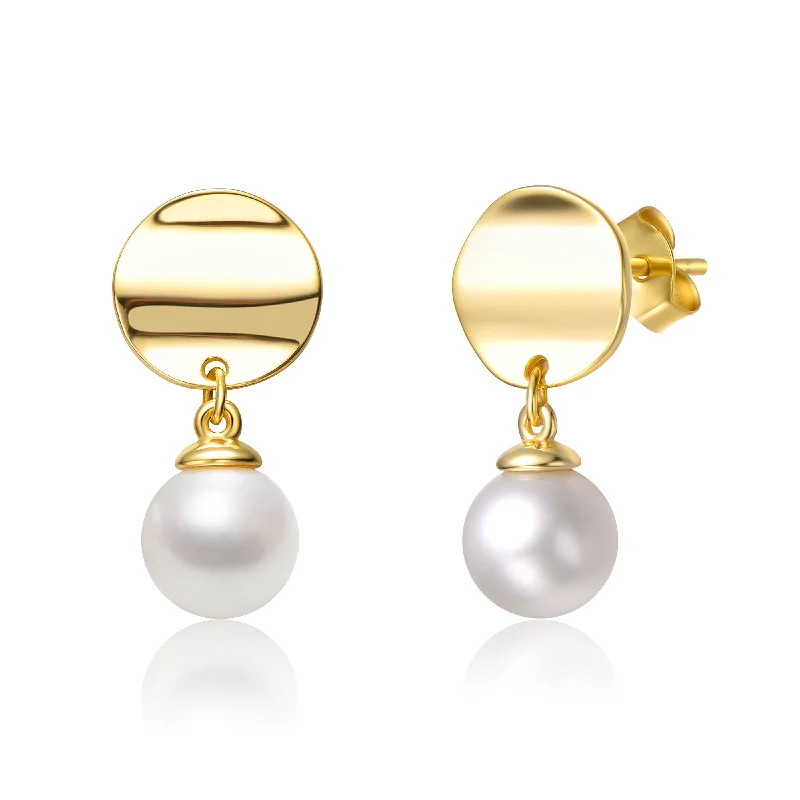 Earrings With Tight Fit-Sterling Silver 14k Yellow Gold Plated with White Pearl & Gold Medallion Coin Double Drop Dangle Earrings