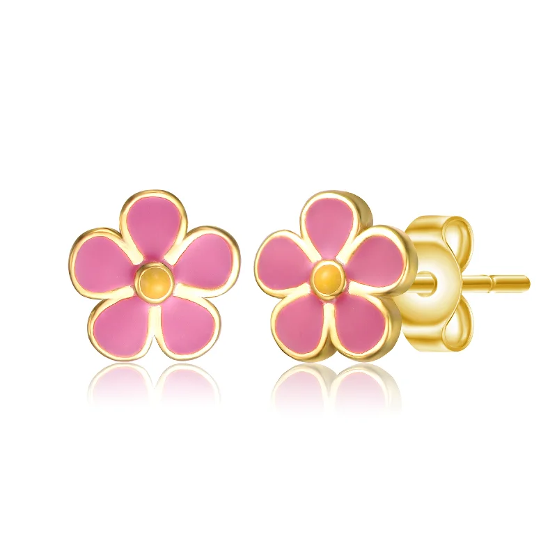 Earrings With Fun Drops-14k Gold Plated Fuchsia-Pink & Yellow Enamel Daisy Stud Earrings