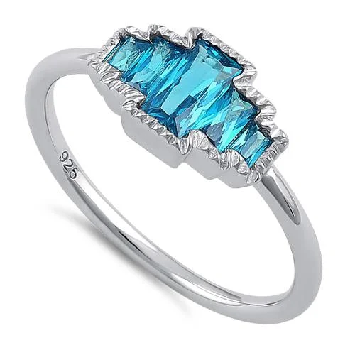 Rings For Day Dates-Sterling Silver Five Radiant Cut Aqua Blue CZ Ring