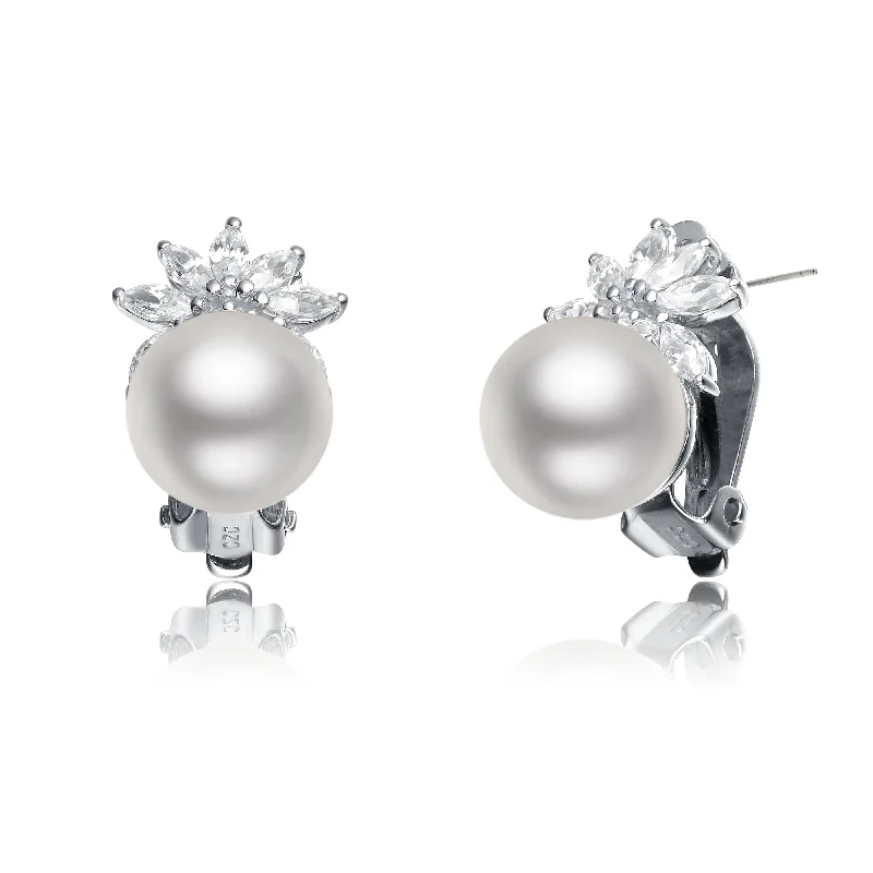 Earrings For Park Outings-CZ Sterling Silver Rhodium Plated Pearl Earrings