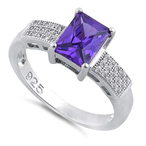 Rings Fashion Tips-Sterling Silver Emerald Cut Amethyst CZ Ring