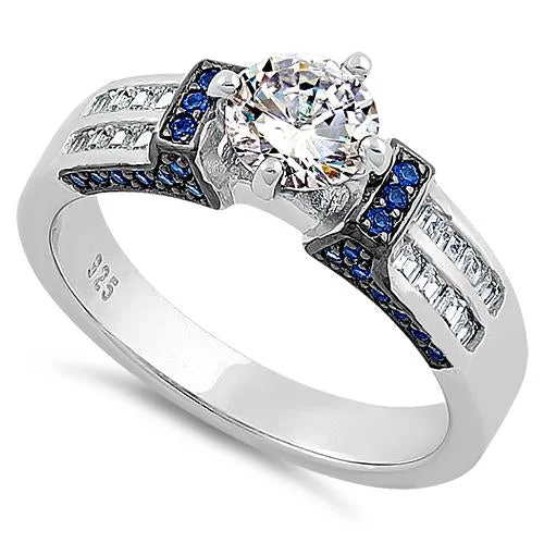 Rings Sparkle Rating-Sterling Silver Eloquent Round & Emerald Cut Clear & Blue Spinel CZ Ring