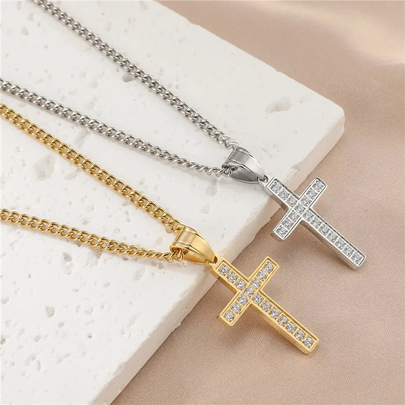 Necklaces For Preteens-Casual Simple Style Cross Stainless Steel Plating Inlay Zircon Gold Plated Men'S Pendant Necklace