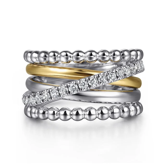 Rings For High Beam-White Sapphire Wide Cross-Over Band in Sterling Silver & 14K Yellow Gold