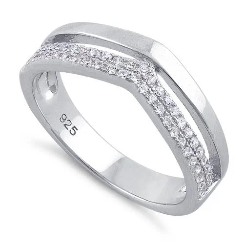 Rings With Fine Bands-Sterling Silver Double V-Accented Clear CZ Ring