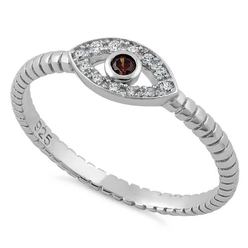 Rings For Wire Bands-Sterling Silver Brown Stone Evil Eye CZ Ring