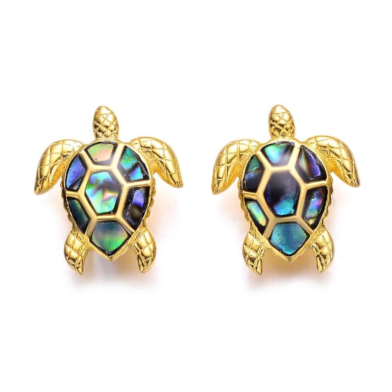 Max Shine Earrings-Sterling Silver 14k Yellow Gold Plated with Shimmering Abalone Shell Inlay Sea Turtle Stud Earrings