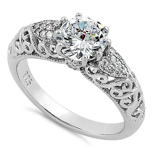 Rings With Soft Gems-Sterling Silver Majestic Filigree Round Cut CZ Engagement Ring