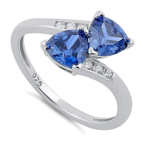 Low-Cost Rings Online-Sterling Silver Double Trillion Cut Tanzanite CZ Ring