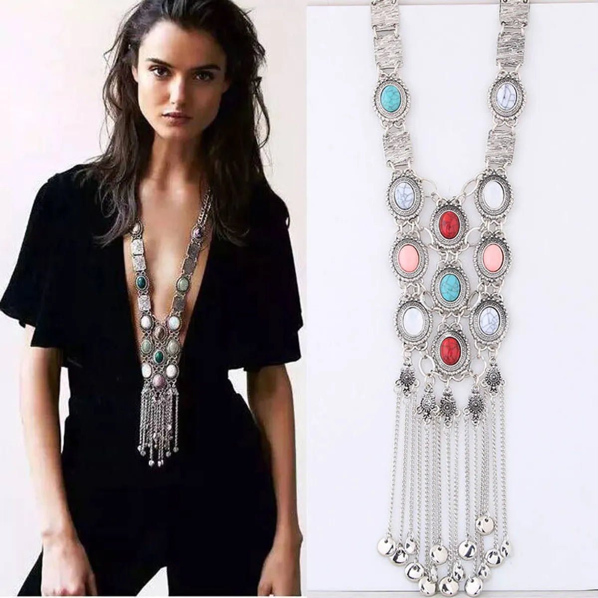 Necklaces For Home Parties-Retro Exaggerated Ethnic Style Oval Tassel Alloy Plating Inlay Turquoise Women's Long Necklace