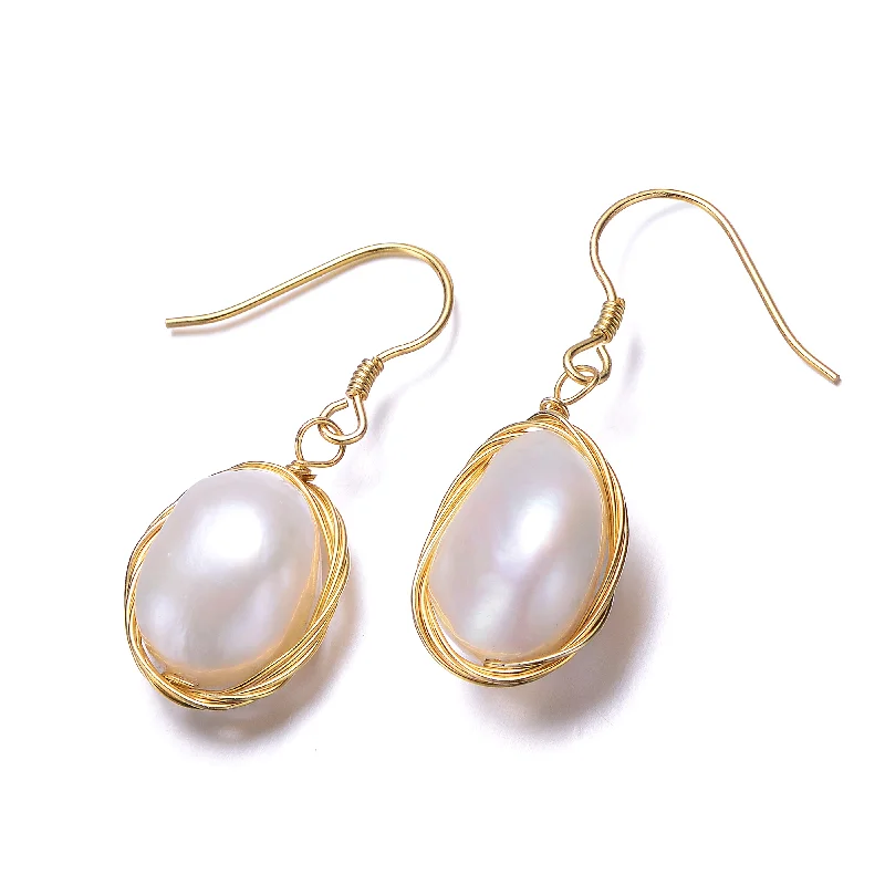 Earrings With Geometric Lines-Genuine Freshwater Pearl with 925 Sterling Silver Earrings