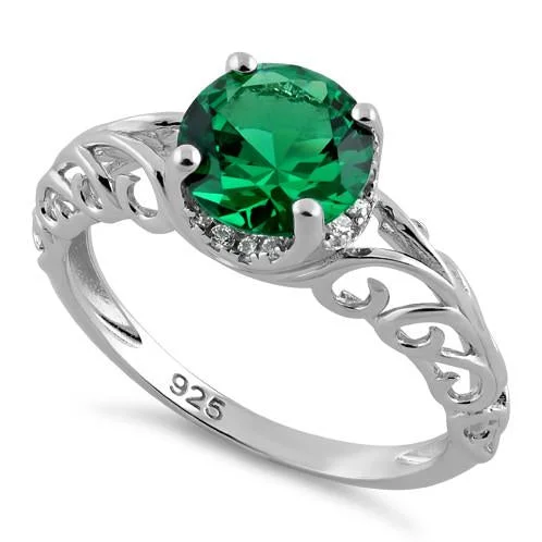 Solid Rings For Use-Sterling Silver Swirl Design Emerald and Clear CZ Ring