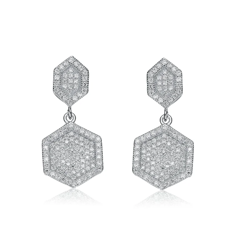 Broad Earrings For Show-Sterling Silver Cubic Zirconia Pentagon-shaped Drop Earrings