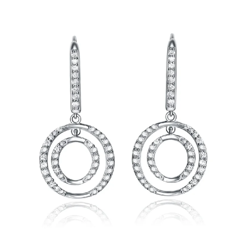 Earrings For Summer Fun-Cubic Zirconia Sterling Silver Rhodium Plated Double Circle Drop Earrings