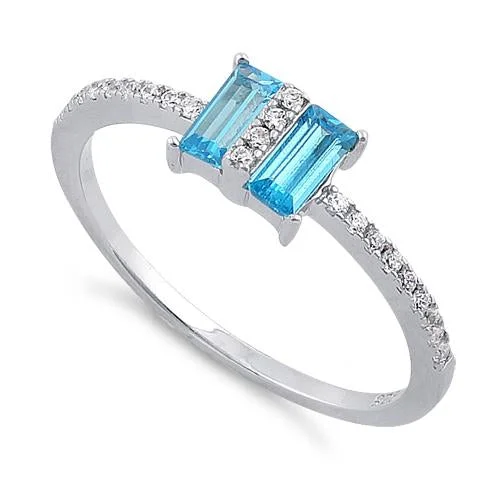 Rings For Morning Shine-Sterling Silver Double Baguette Straight Cut Blue Topaz & Clear CZ Ring