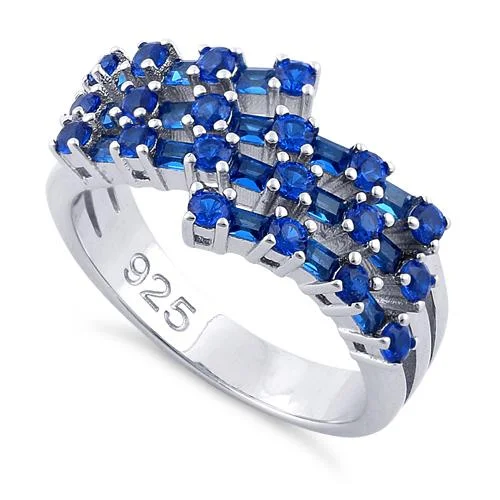 Rings With Deep Tones-Sterling Silver Round & Emerald Cut Blue Sapphire CZ Ring