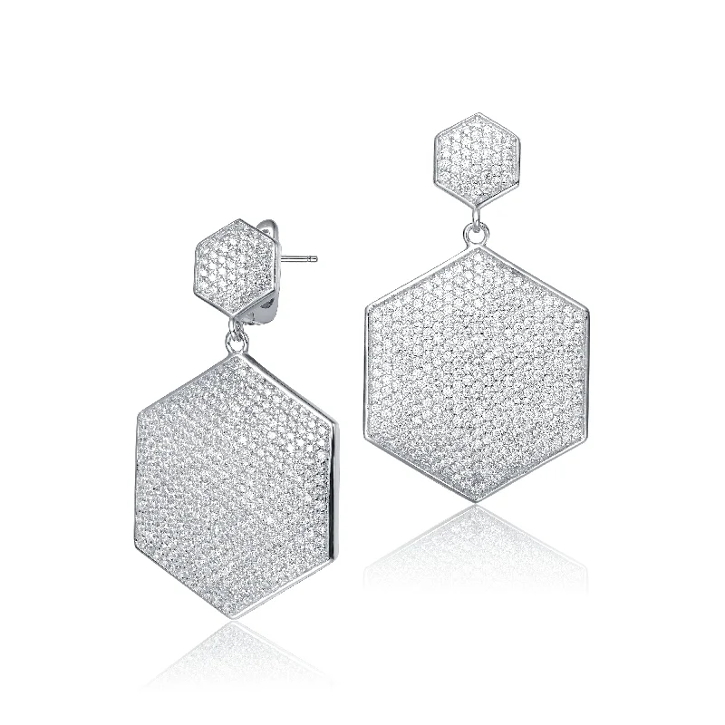 Earrings For Brunch Style-Rhodium Overlay Cubic Zirconia Hexagon Earrings