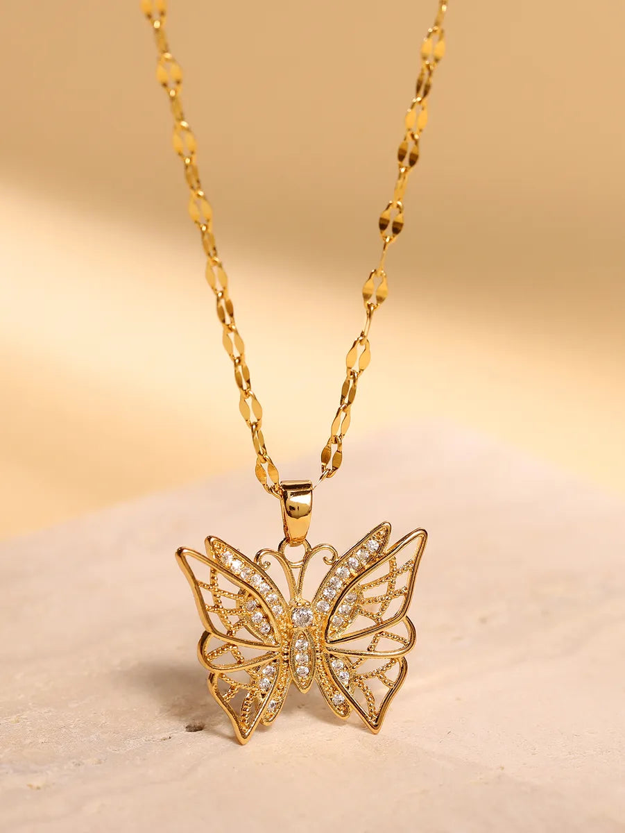 Necklaces For First Wearers-Elegant Butterfly Stainless Steel Zircon 18k Gold Plated Pendant Necklace