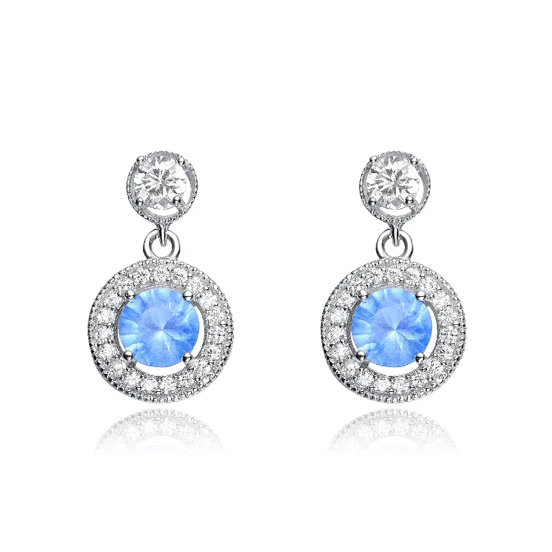 Earrings Base Guide-Cubic Zirconia Sterling Silver Rhodium Plated Turquise Double Round Drop Earrings