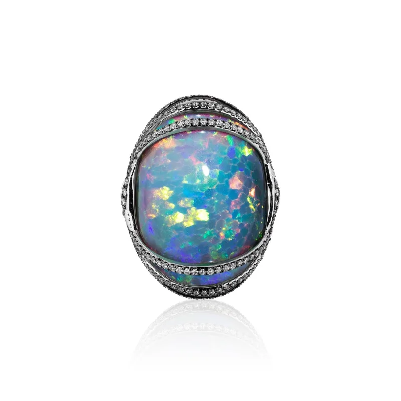 Rings For Restful Times-One of a Kind Black Opal with Wrapped Diamond Setting Ring