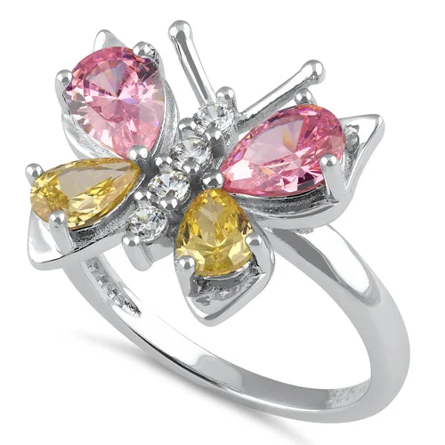 Rings Price Hints-Sterling Silver Large Pink and Yellow CZ Butterfly Ring