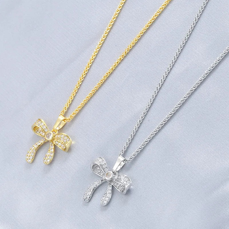 Necklaces For Slack Looks-Copper 18K Gold Plated Elegant Vacation Sweet Inlay Bow Knot Zircon Pendant Necklace