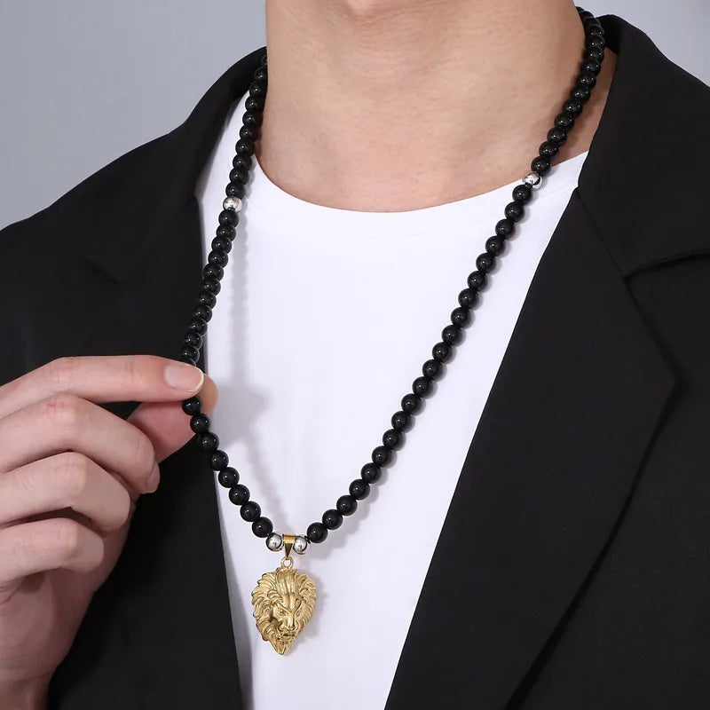 Necklaces For City Glow-Punk Animal Lion Agate Titanium Steel Beaded Plating 18K Gold Plated Men'S